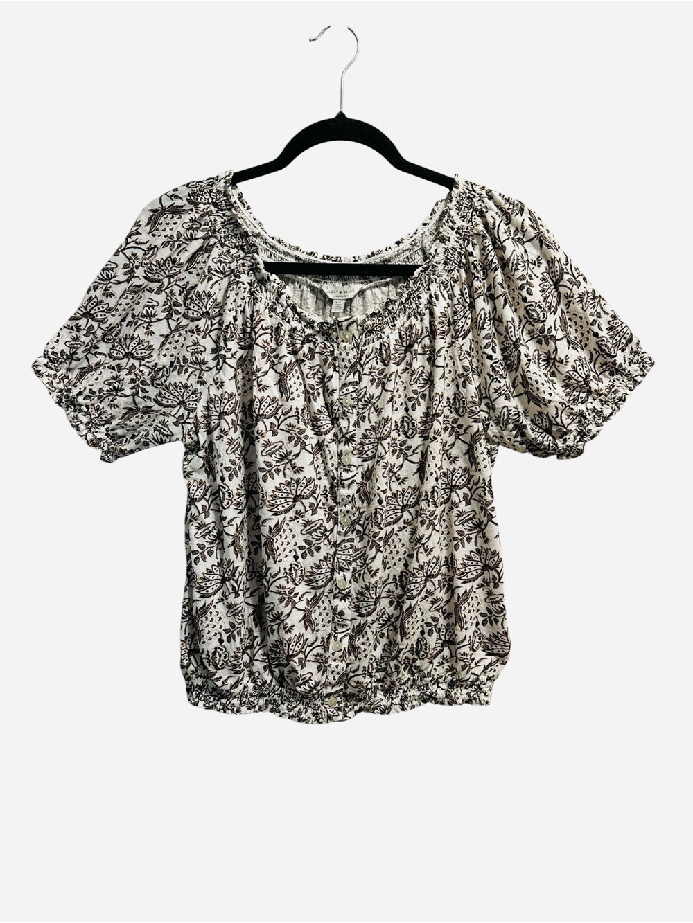 Lucky Brand button down boho floral top puff sleeves smocked hem Size L